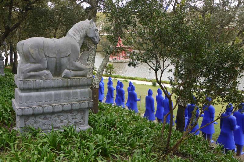 Chinese warrior horses surrounded by Agapanthus Blue Storm