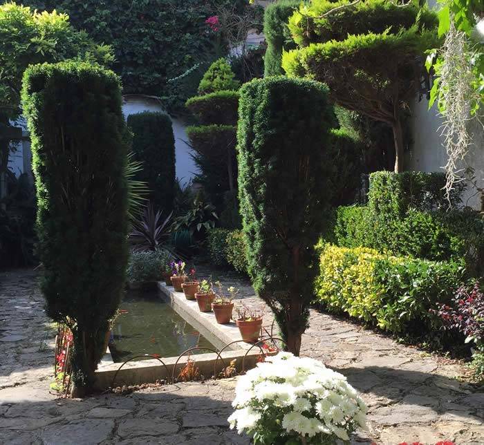 A pair of fastigiate trees punctuate a water feature in an Italianate garden