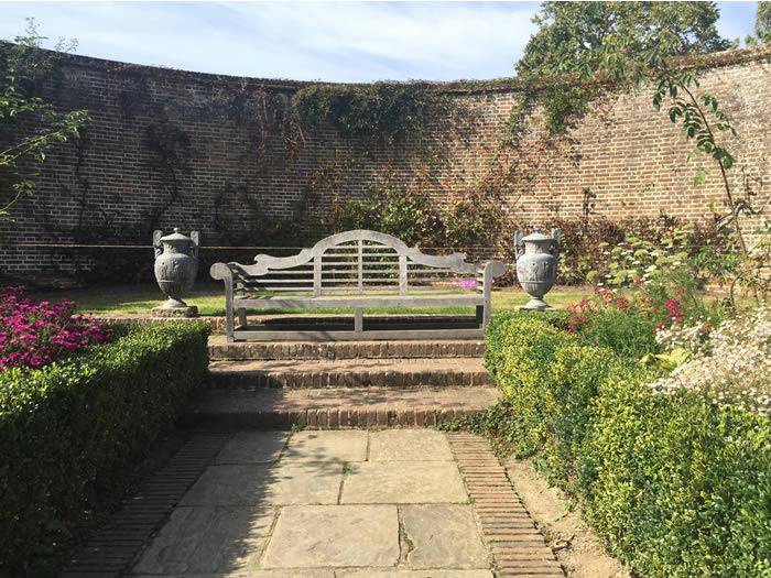 Lutyens bench and box hedging parterre at Sissinghurst gardens