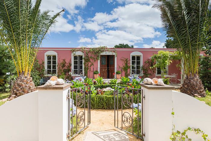 Frontal View showing the house façade, euonymus parterre and the phoenix palms