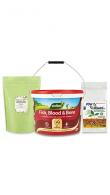 Soil improvement bundle of products including POWhumus, Fish Blood and Bone and Mycorrhizal Fungus for improving the soil.